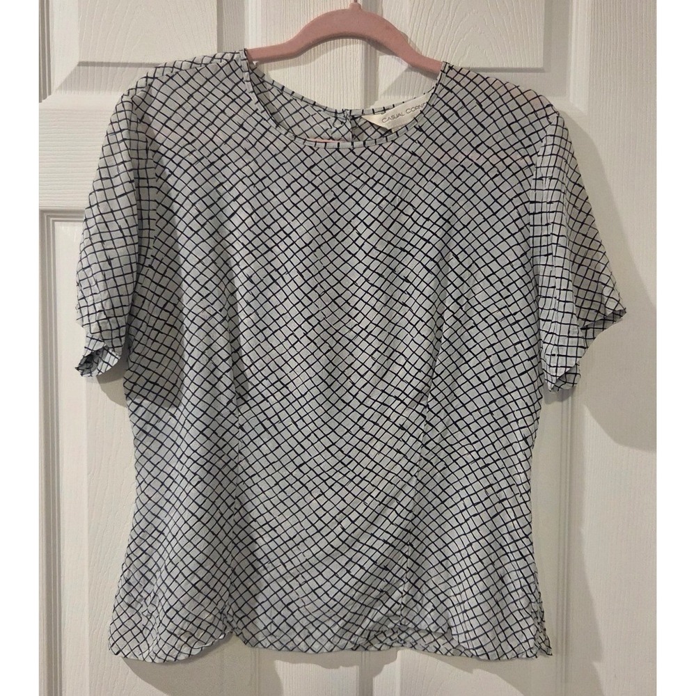 Vintage Casual Corner 100%‎ Silk Blouse Womens Medium Black White Geometric Top